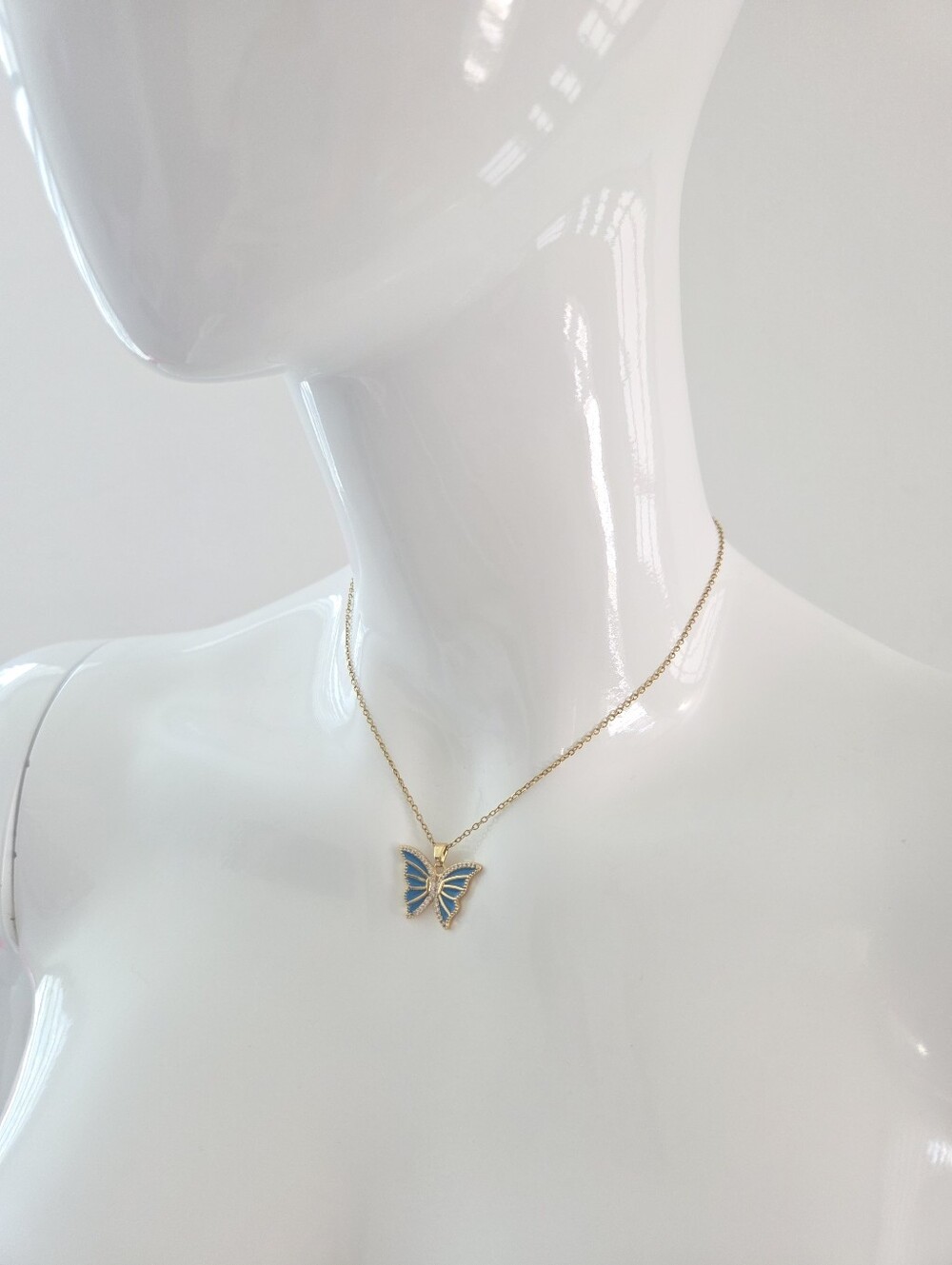 Gold Blue Enamel Butterfly Pendant Necklace Dainty Womens Jewelry - Picture 8 of 9